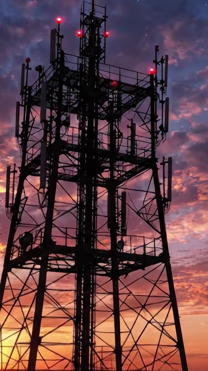 Splendide silhouette al tramonto: un'imponente struttura di comunicazione contro un bellissimo cielo ricco di tonalità calde e vivaci disegni di nuvole