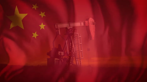 animation of flag of china over pumping oil derrick