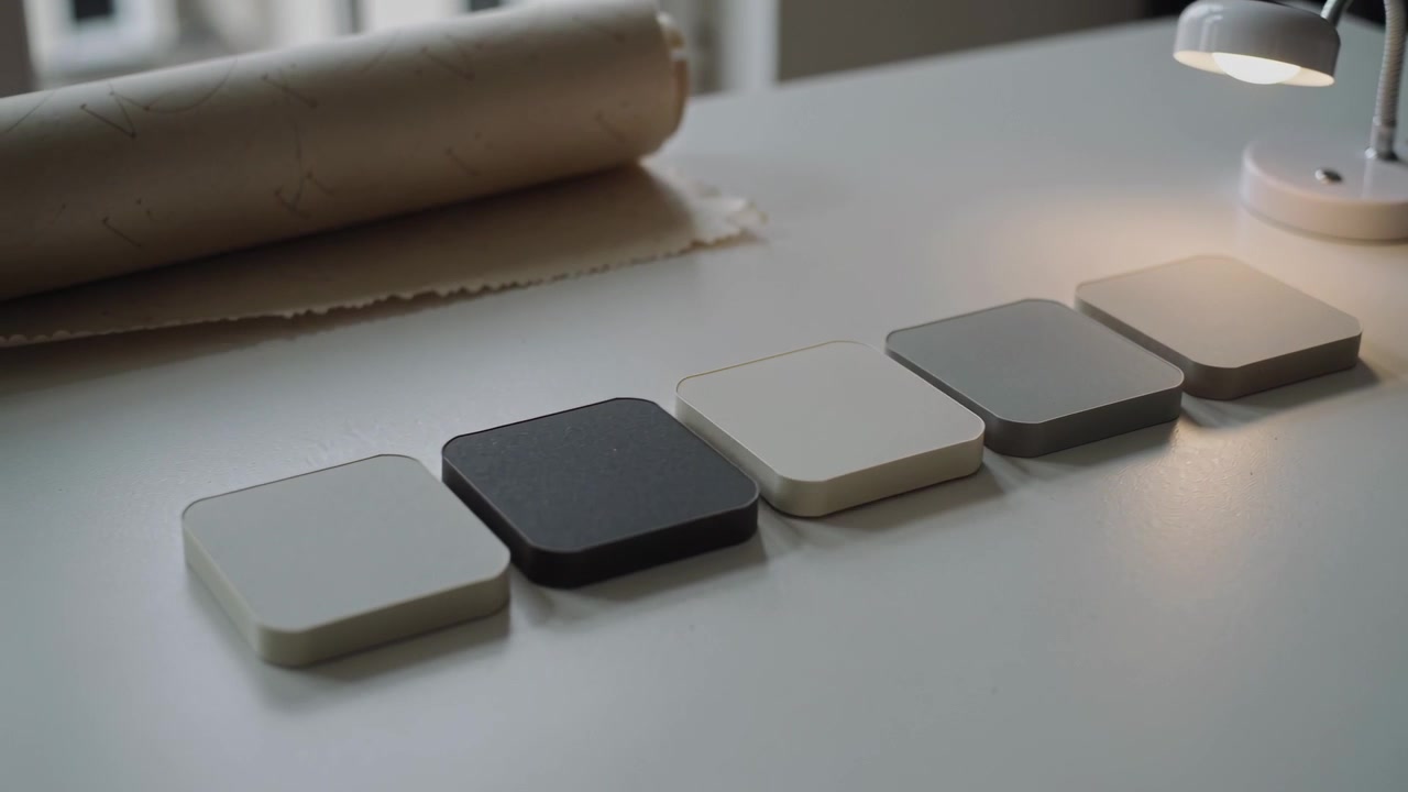 Shifting five samples on desk by window, adding to form left-to-right neutral row with lamp, roll