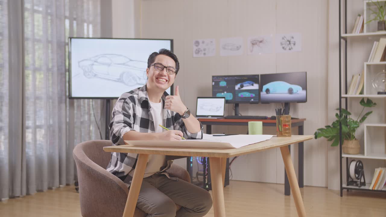 아시안 남성이 미소 짓고 엄지손가락을 보여 카메라를 향해 손짓을 하며, tv와 컴퓨터를 가진 스튜디오에서 테이블 위에 자동차 디자인 스케치를 작업하고 있습니다.