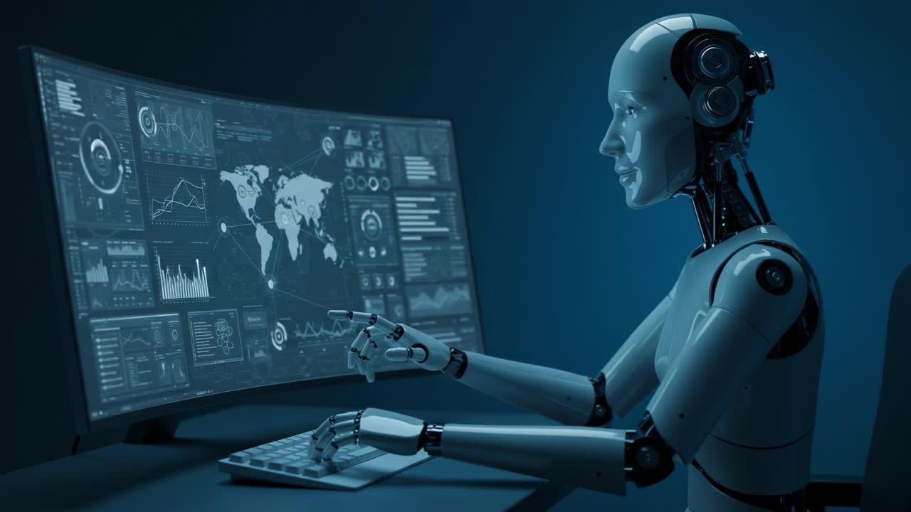 A futuristic humanoid robot analyzing complex data on a large screen, showcasing advanced technology and artificial intelligence capabilities in a digital workspace