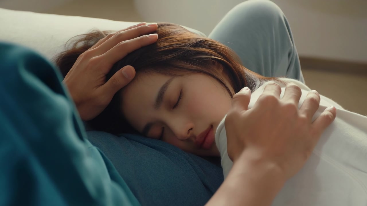 女性が別の人の膝に頭を乗せて眠っているクローズアップの横向きショット。片方の手が彼女の頭に優しく置かれ、もう片方の手が肩に置かれている。柔らかい