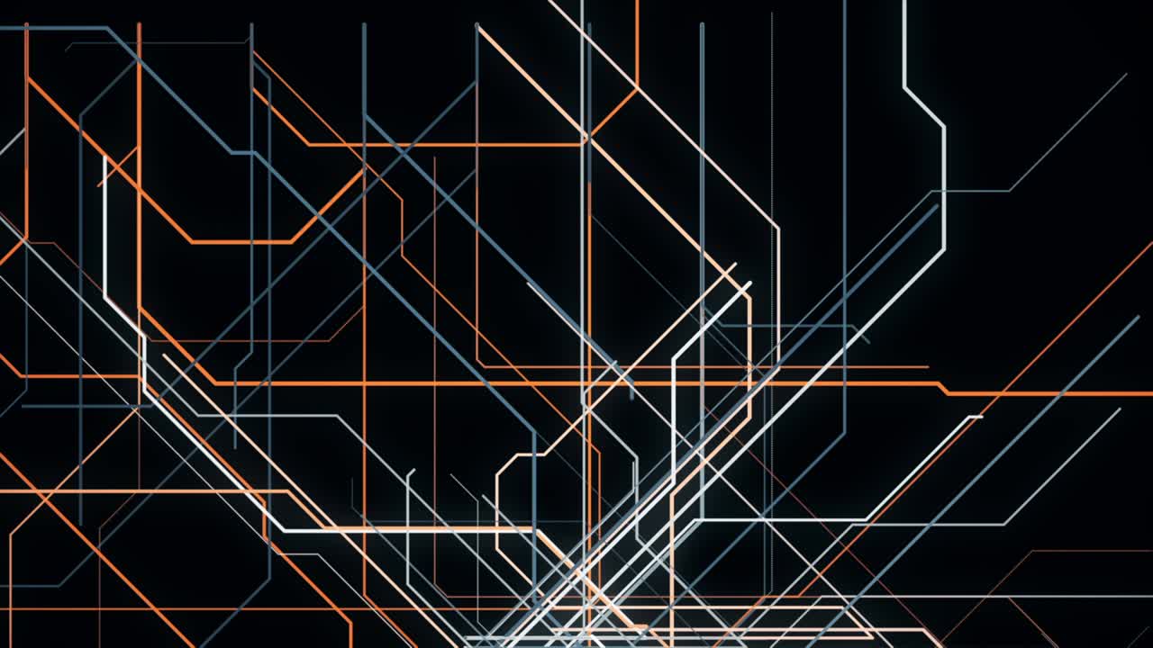추상적인 기하학적 선형 패턴, 모션 그래픽, 애니메이션, 무한한 양의 다채로운 선이 검은 바탕에 고립된 파이프 라인의 복잡한 구조를 만니다.