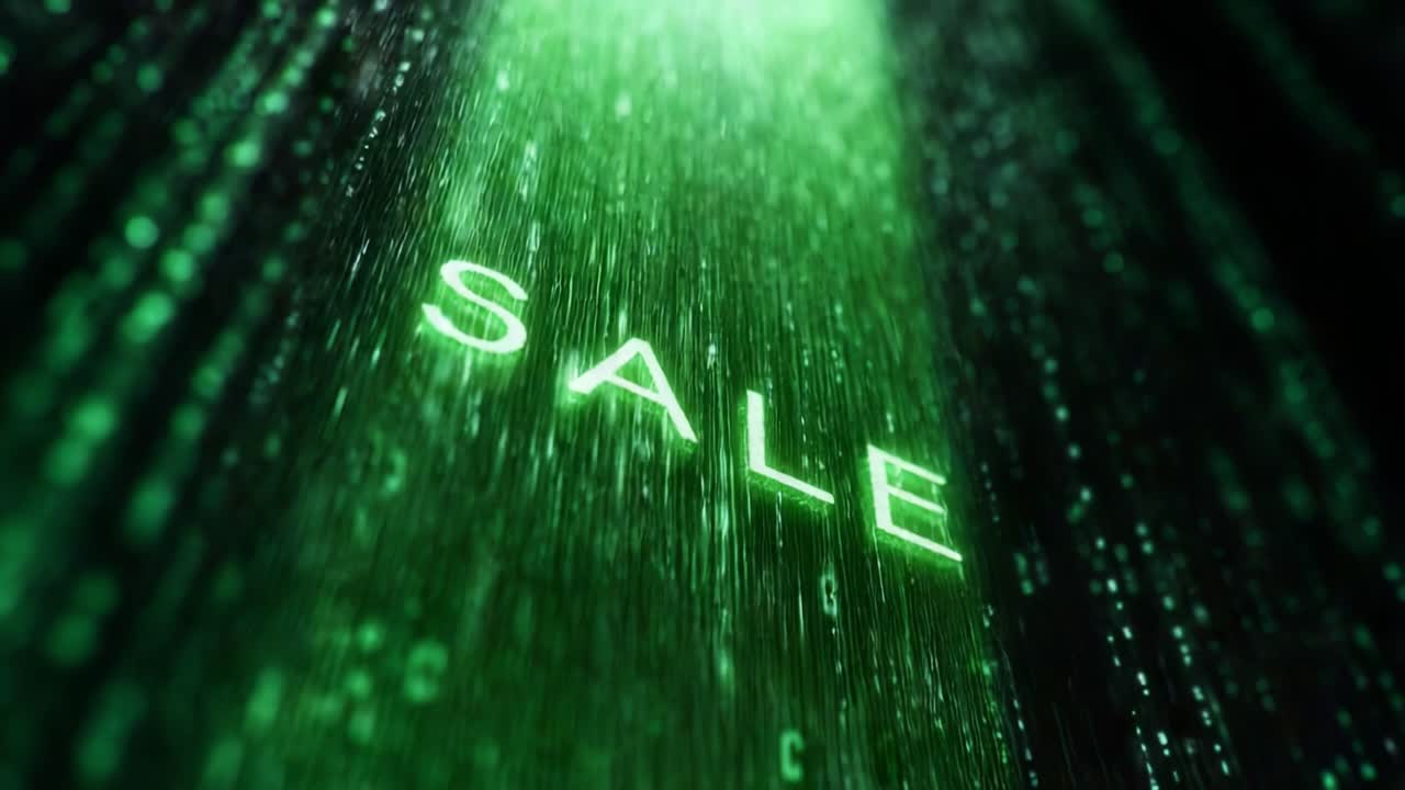 Captivating Green Digital Rain Featuring the Word 'SALE' in Bright Neon Letters - A Visually Striking Representation of Online Shopping Promotions and Discounts