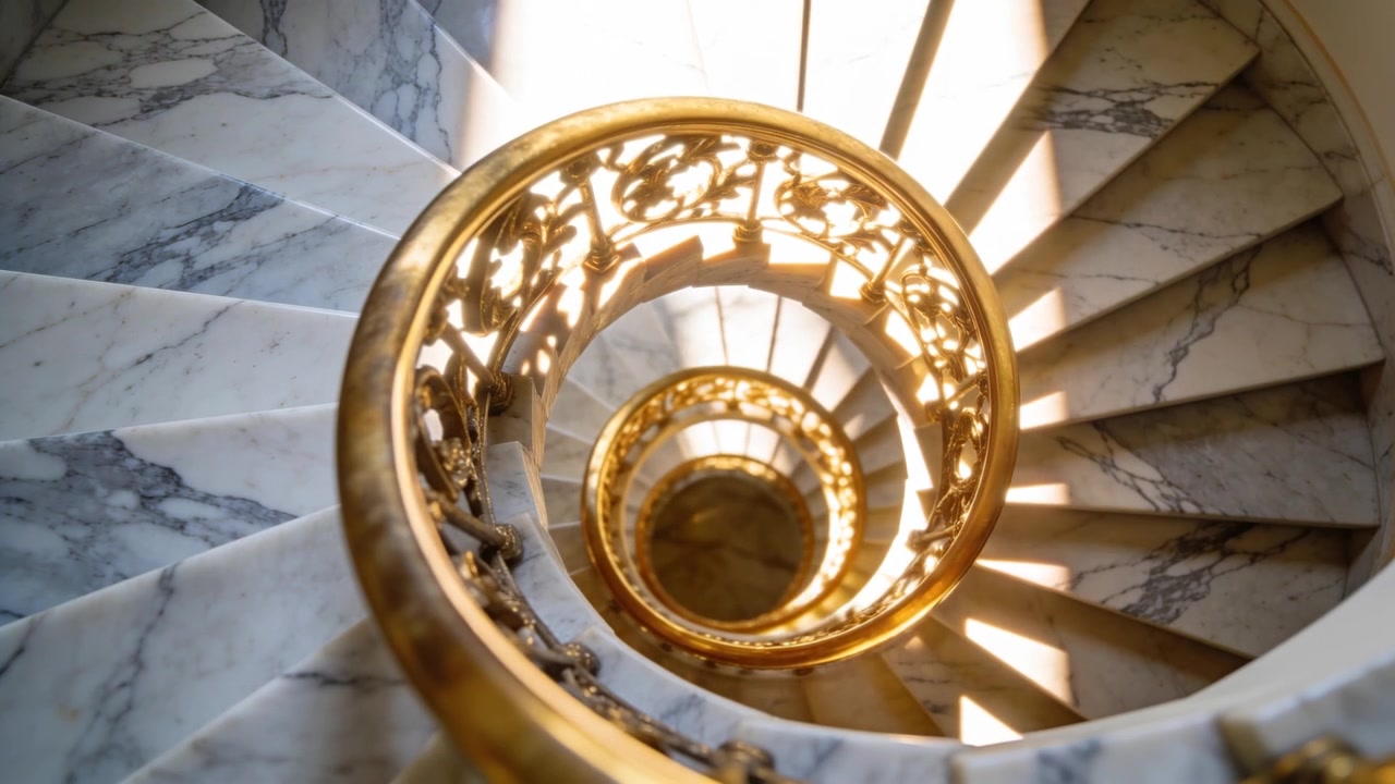 Entering sunlight sweeping across spiral marble stairs in mansion, tracing gilded rail shadows