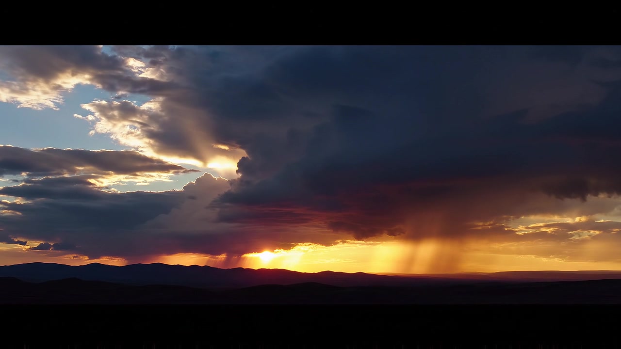 Dramatic sunset with storm clouds and rain over mountain hills