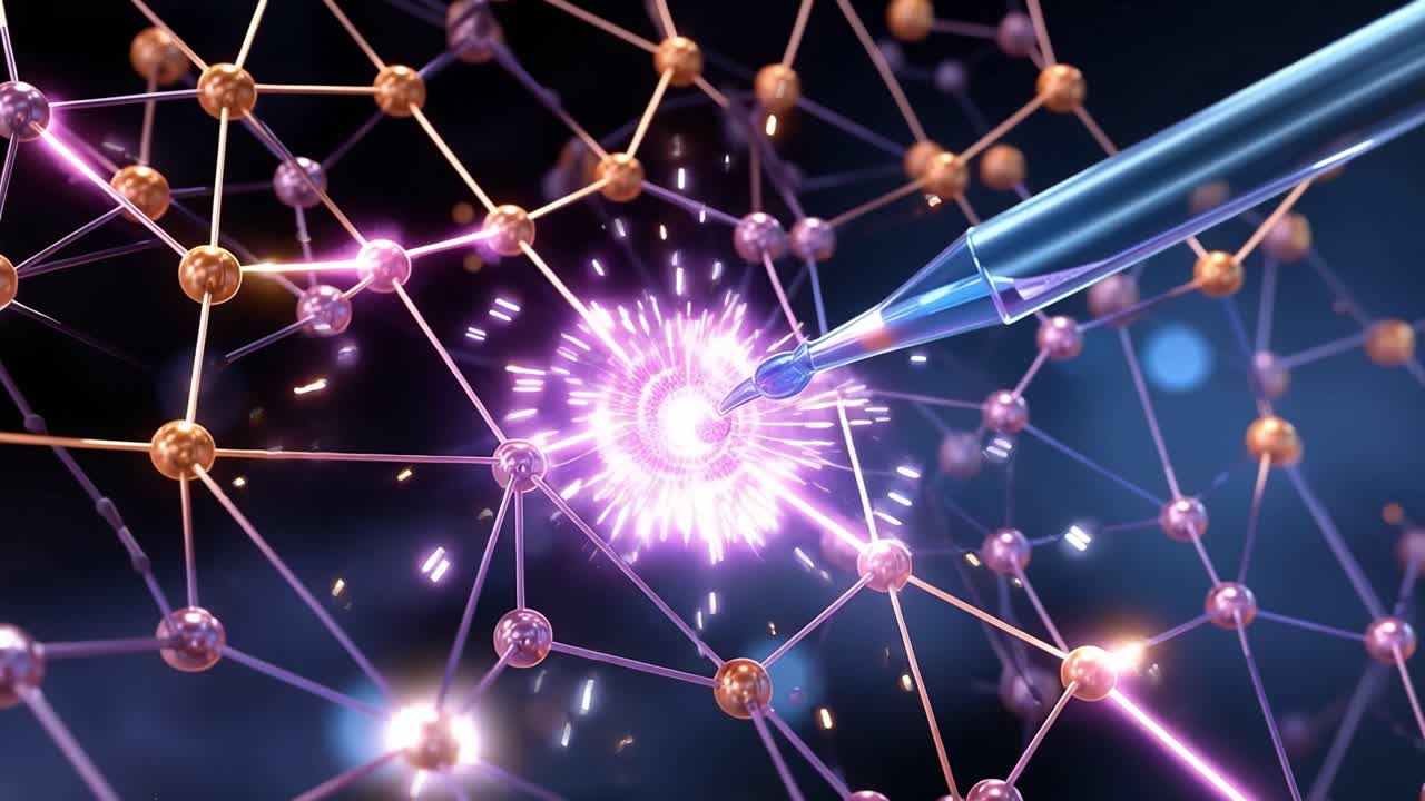 Exploring Molecular Dynamics: A Close-up of a Pipette Dropping Liquid onto an Energetic Molecular Structure Creating a Response in the Lab Environment
