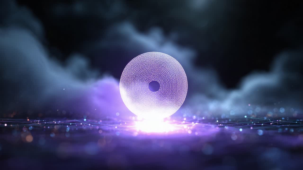 Una rappresentazione affascinante di particelle e luce si trasforma in un’atmosfera mistica, mostrando l’evoluzione da un vortice a un oggetto sferico e luminoso nello spazio