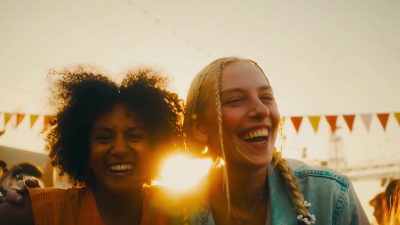 Joyful Crowd Dancing and Celebrating at an Outdoor Festival During Sunset