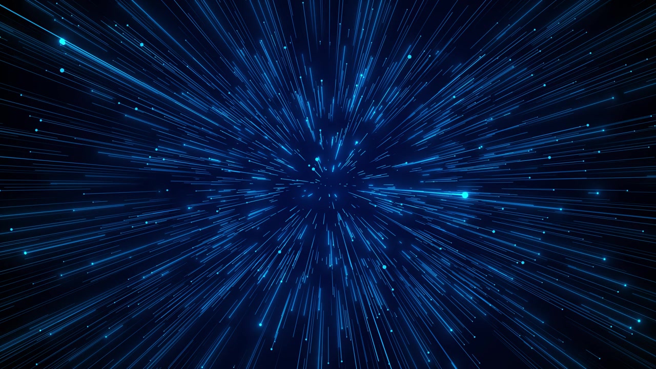 Blue light speed tunnel background fast glowing streaks flying particles and deep dark perspective