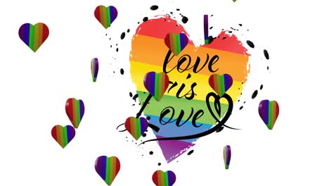 animation of rainbow hearts over love is love text on white background