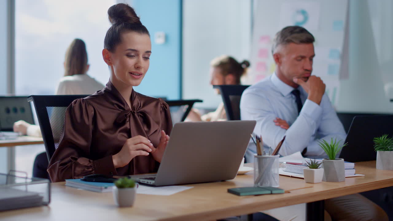 Businesswoman having video interview on laptop. Female professional ...