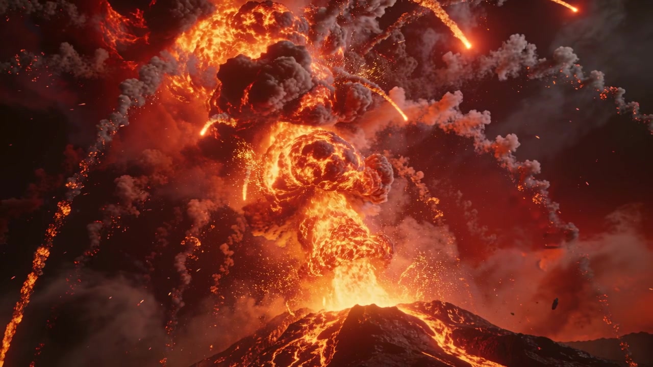 Ein beginnender Gipfelausbruch: Der eruptierende Vulkankegel stößt eine glühende Rauchsäule aus, während nachts Lava mit vulkanischen Bomben den Hang hinabfließt.