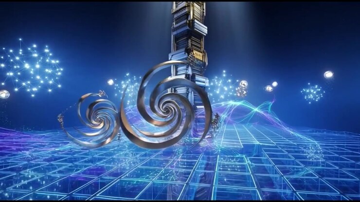 Abstract Digital Tower with Floating Metallic Spirals in Cyberspace
