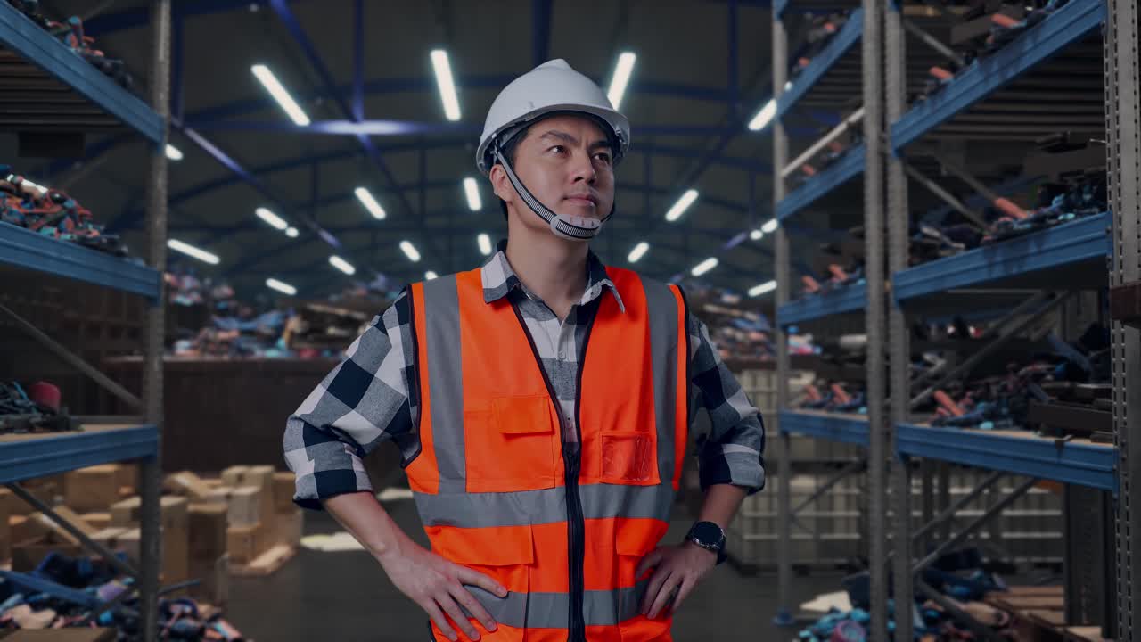 Ingegnere asiatico con casco di sicurezza che si guarda intorno mentre è in piedi con le mani sui fianchi, Magazzino industriale di rottami metallici e riciclo