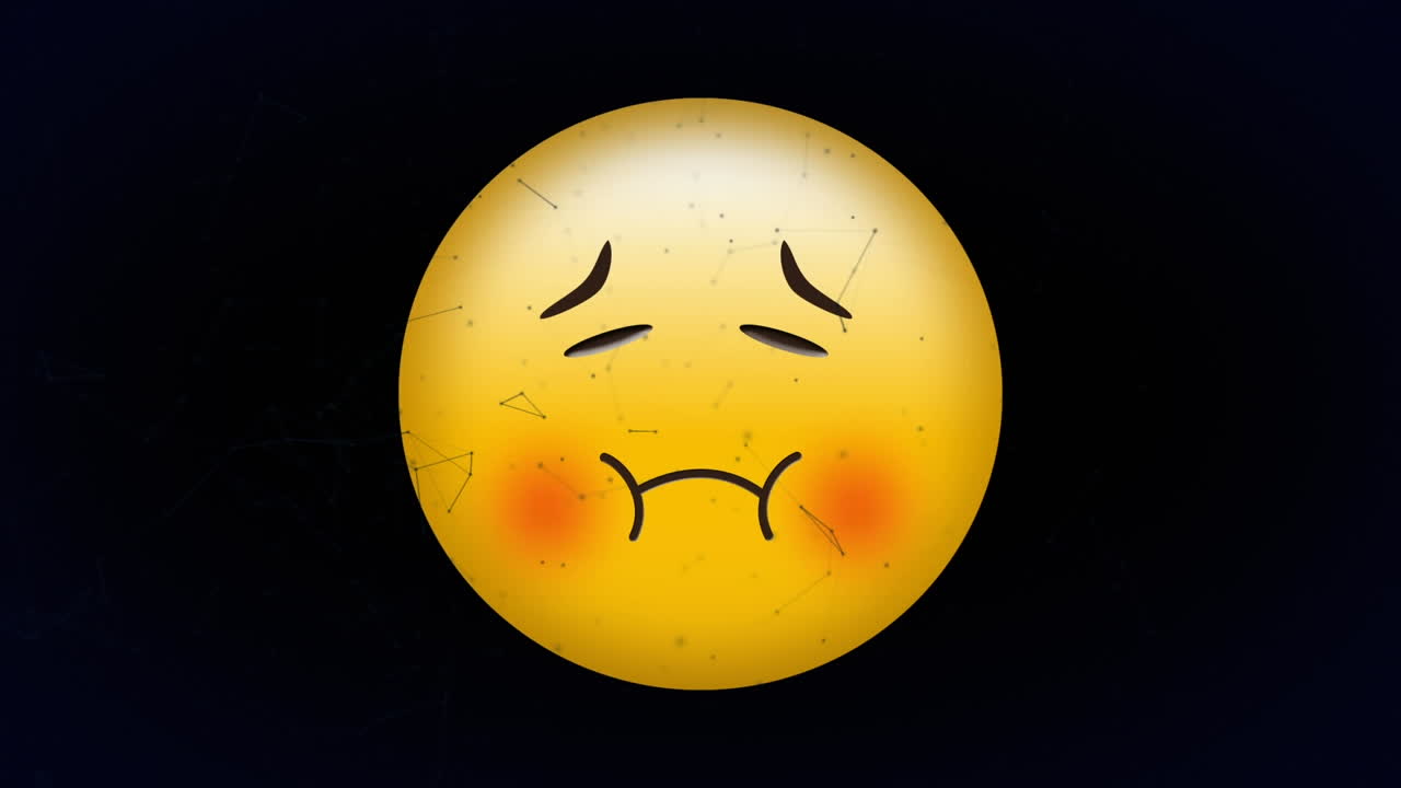 검은색 배경에 연결 네트워크를 통해 아픈 이모지 아이콘의 애니메이션