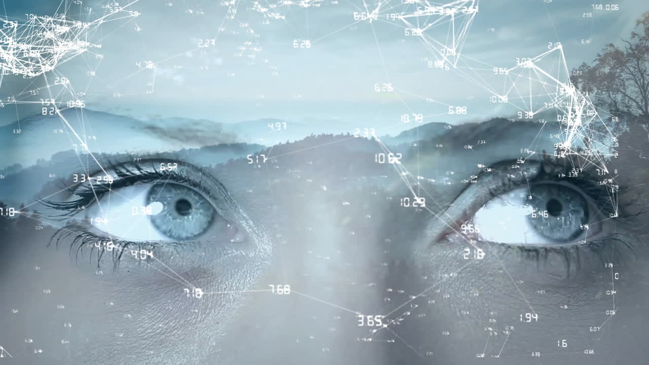 animación de formas con procesamiento de datos sobre ojos y paisaje