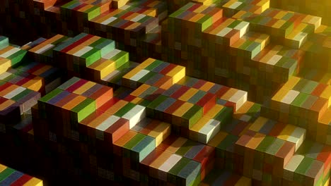 stack of containers in a harbor, shipping at dockyard, logistic import and export, sunset light, seamless infinite loop, isometric view