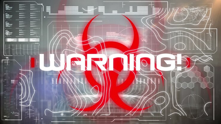 Animation of text, warning and biohazard symbol over topographical chart and data processing