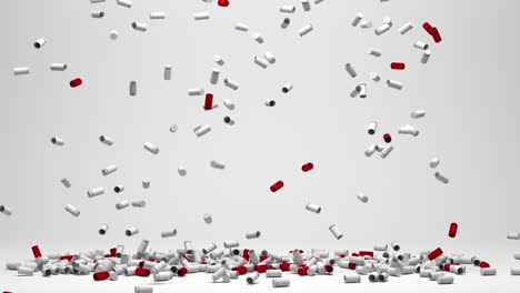 white and red 3d rendered 9mm shell casings falling on floor into a pile