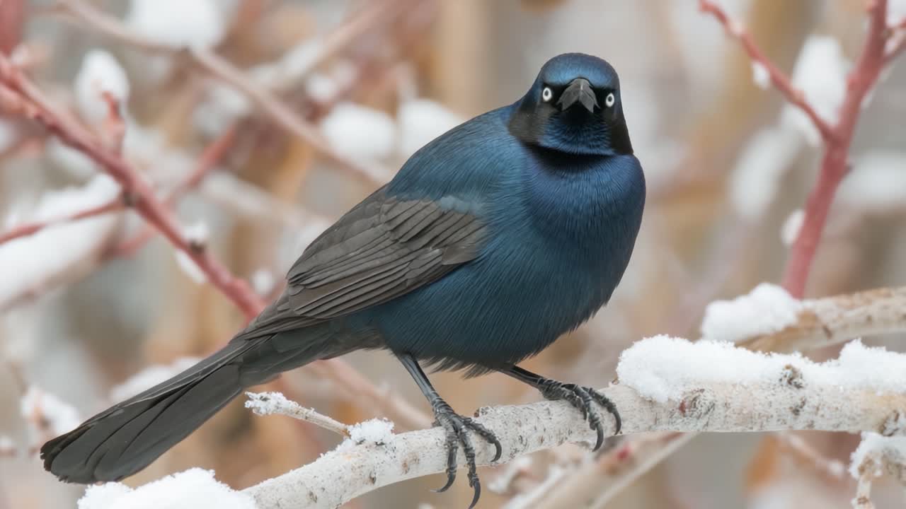 En fantastisk blå-sort fugl, der sidder yndefuldt på en sneklædt gren og viser sin unikke fjerdragt mod en naturlig vinterbaggrund.