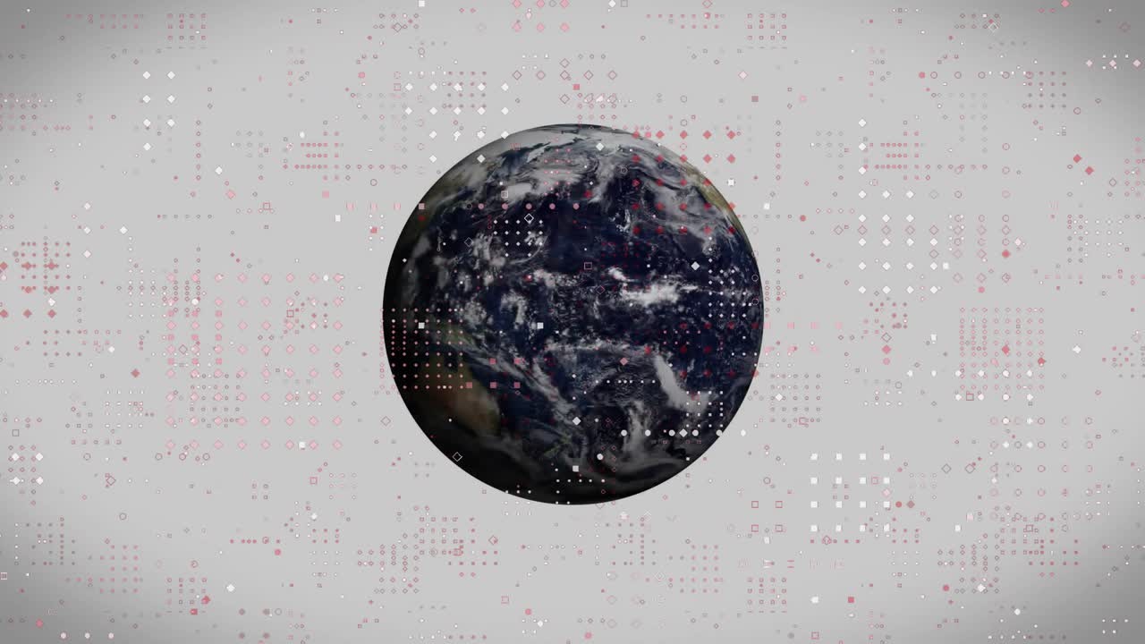 Starting grey backdrop, digital 3D Earth globe growing, rotating while pulsing, fading data nodes