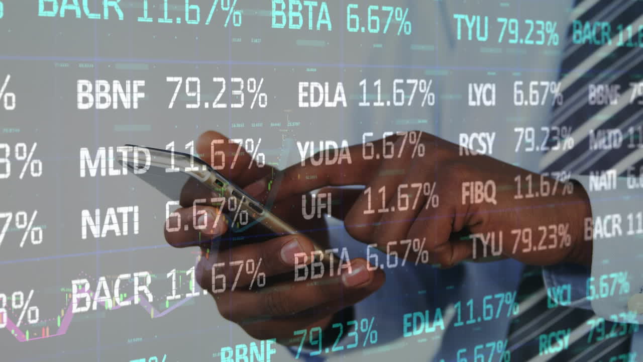 Animation of financial data processing over african american man using smartphone