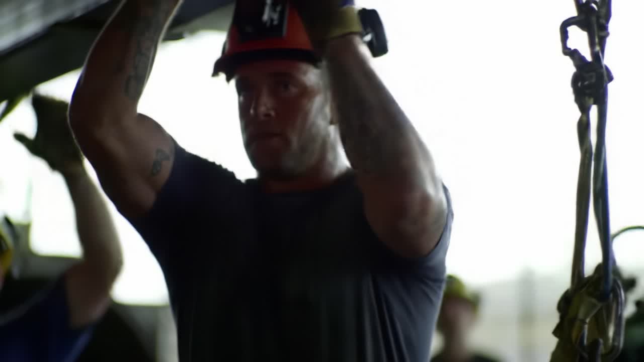 Workers Collaborate on a Heavy Lifting Task, Demonstrating Teamwork and Strength in a Construction Environment with Safety Gear and Equipment in Use