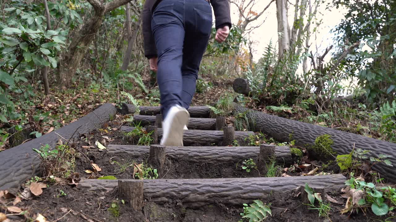 푸른 나무가 있는 산길의 나무 계단에서 하이킹을 하는 남성 백패커의 뒷모습 - 낮은 앵글 샷