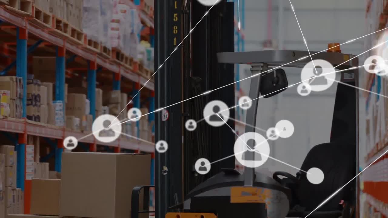 animación de la red de conexiones sobre el camión de torreta en el almacén