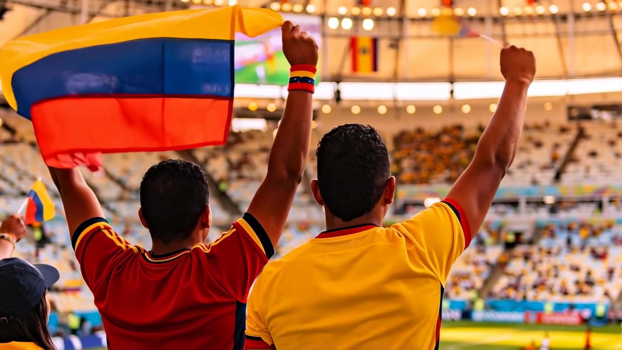 Assistindo a uma partida, dois homens com camisas de time levantando e acenando bandeiras colombianas no estádio, torcendo.