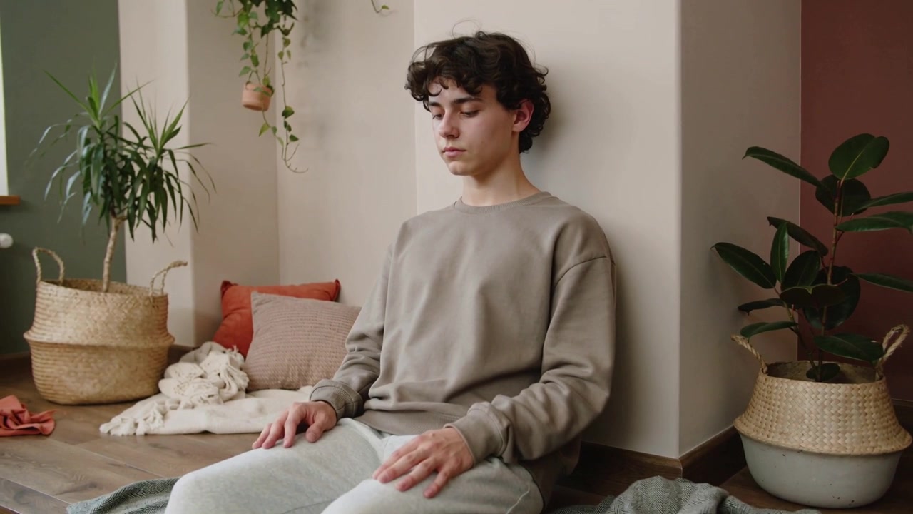 La telecamera si allarga, inquadrando un adolescente seduto in tuta che sistema le mani sulle gambe, mentre si calma in un angolo con delle piante.