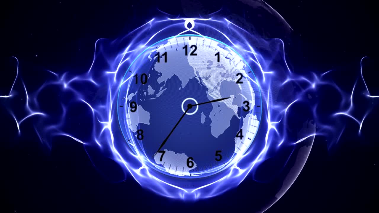 Clock and Earth in Fibers Animation, Rendering, Time Travel Concept, Background, Loop