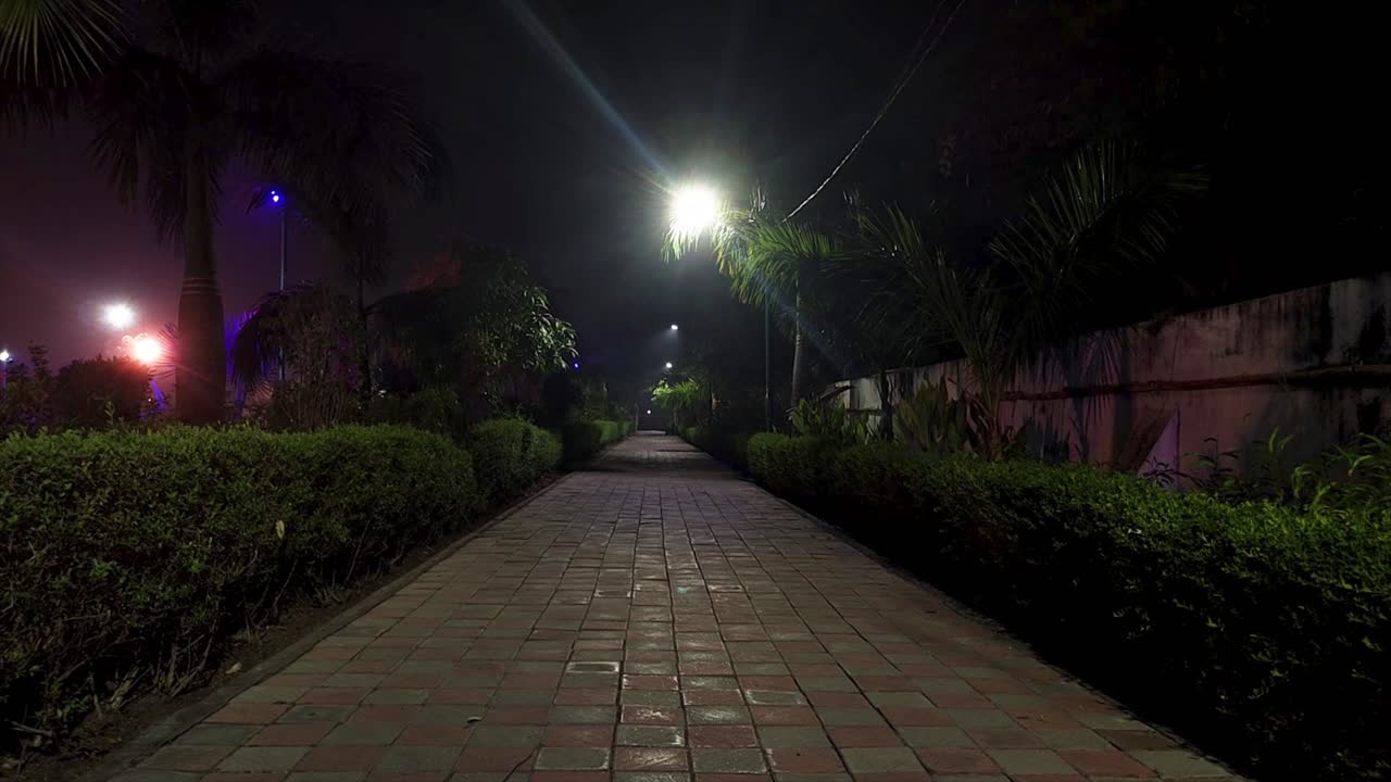 Serene garden pathway at night, lit by soft streetlights, surrounded by greenery and tranquil atmosphere.