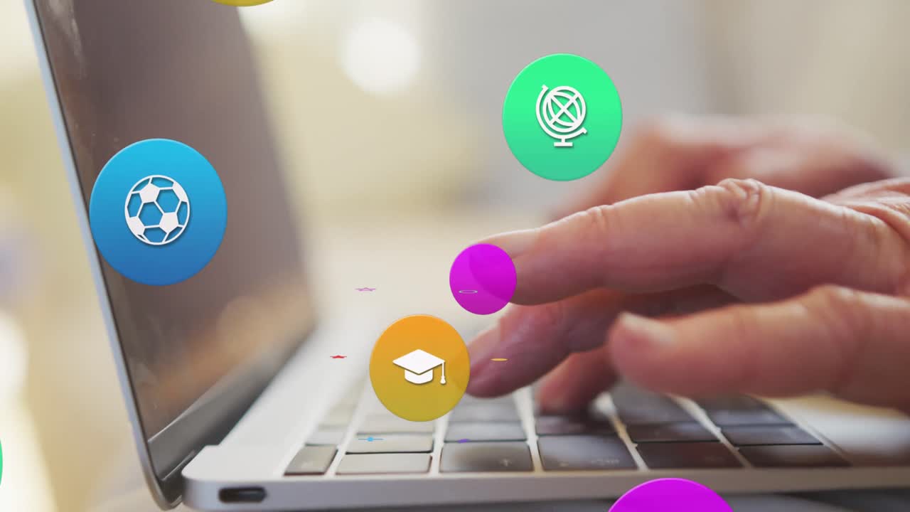 animación de iconos coloridos sobre las manos escribiendo en el teclado