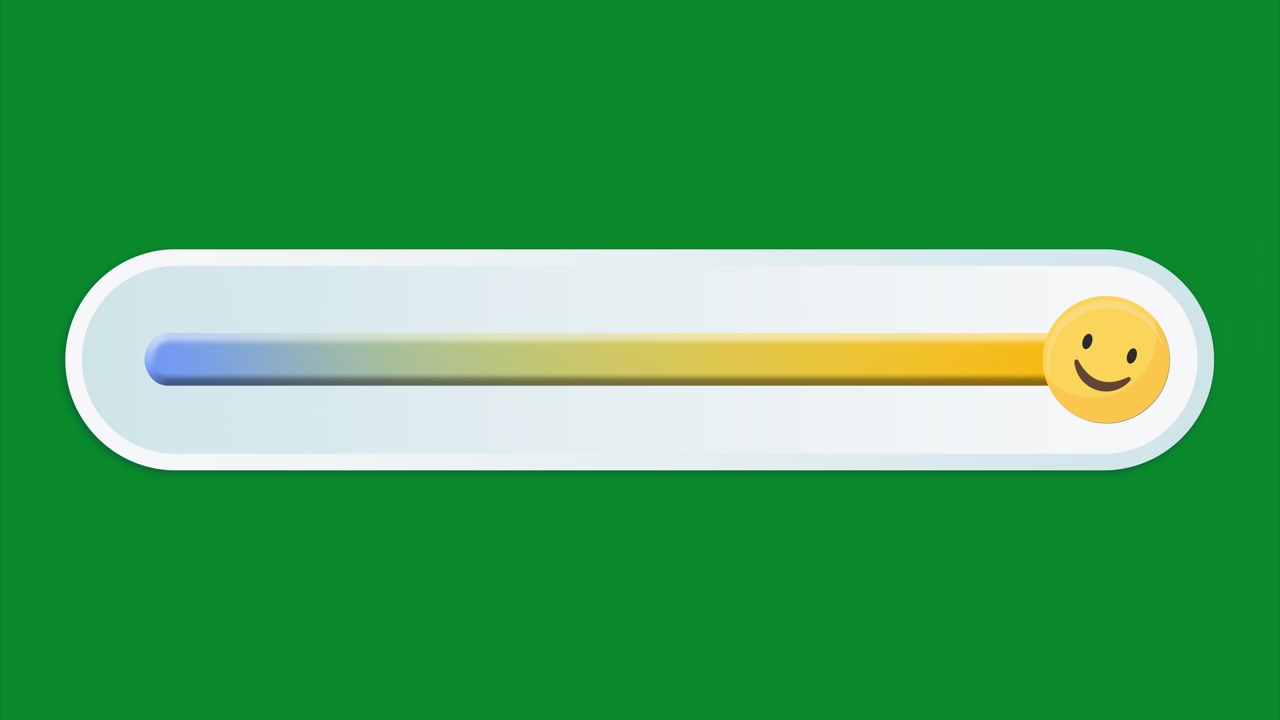 Classic smiling face emoji sliding along a colorful interactive progress meter on green screen.