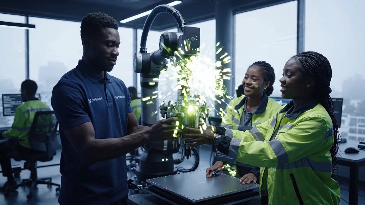 Engineers Collaborating with Robotic Arm and Holographic Augmented Reality