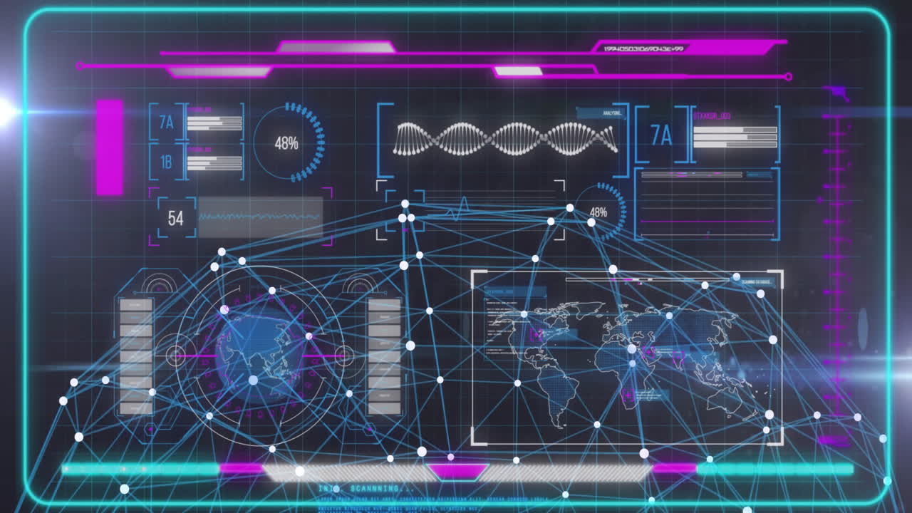 Animation of global network connections and data analytics on futuristic interface