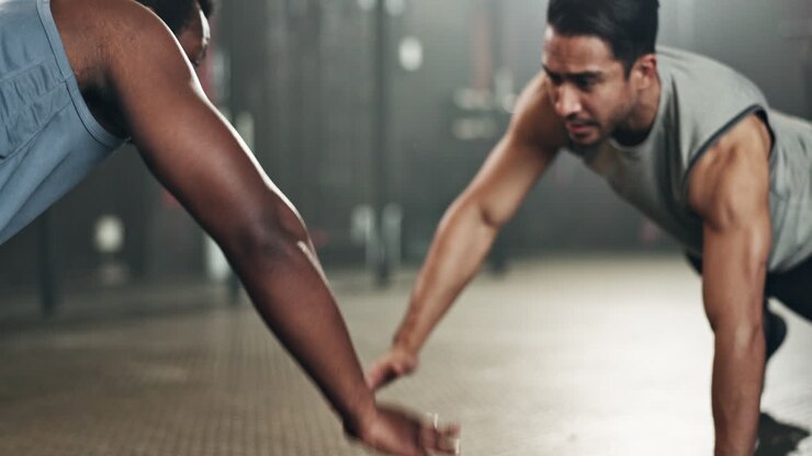 Men, pushup and teamwork for fitness on floor