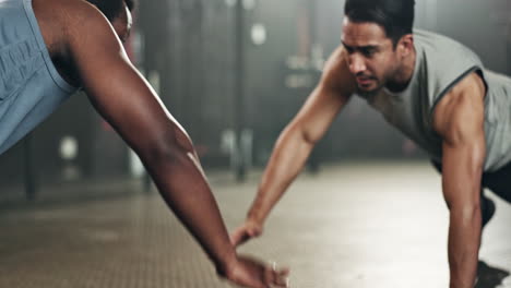 men, pushup and teamwork for fitness on floor