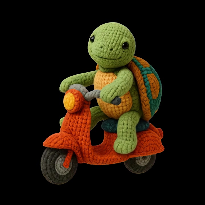 Brinquedo de tartaruga de crochê andando em uma pequena scooter laranja