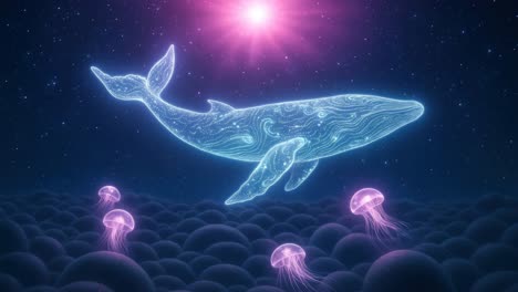 A cosmic video concept with a neon whale and jellyfish floating in space