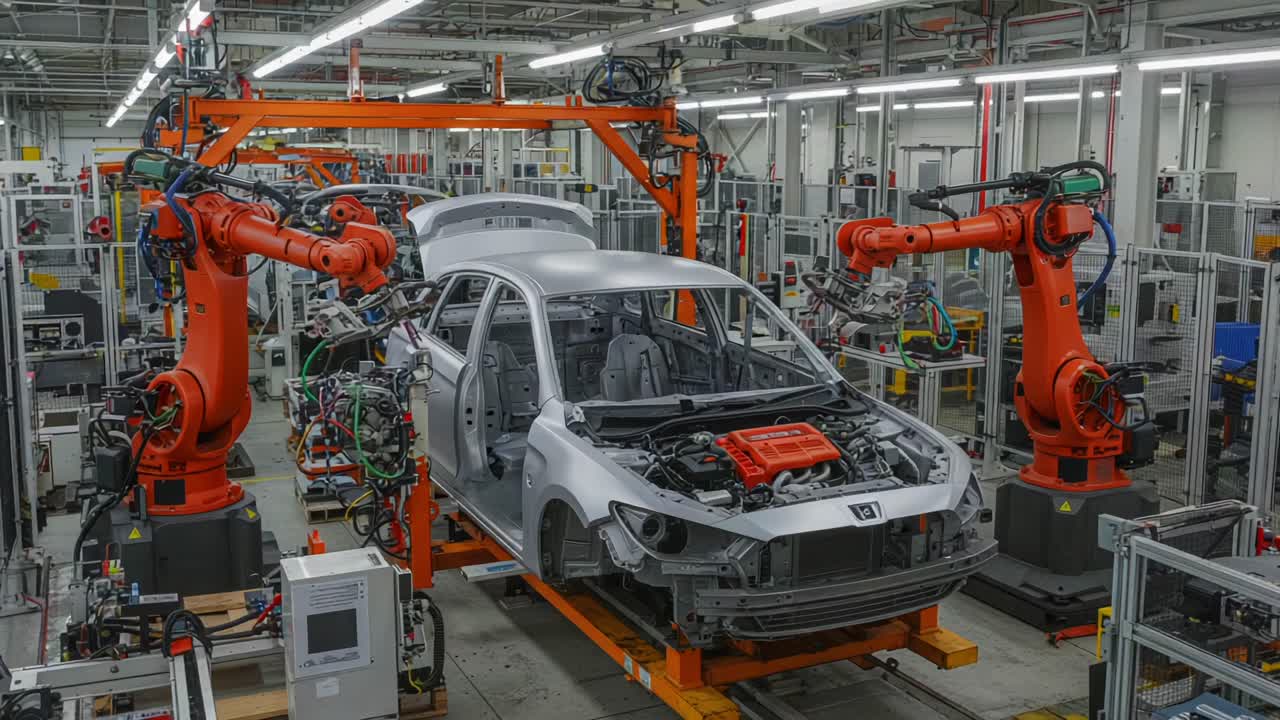 Advanced Automotive Manufacturing Process: Robotic Arms Assembling Vehicle Chassis in a High-Tech Factory Environment