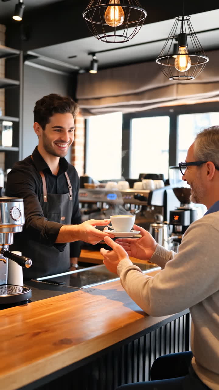 Barista serves coffee to a smiling customer in a cafe