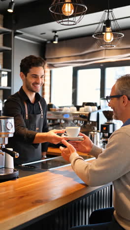 barista serves coffee to a smiling customer in a cafe