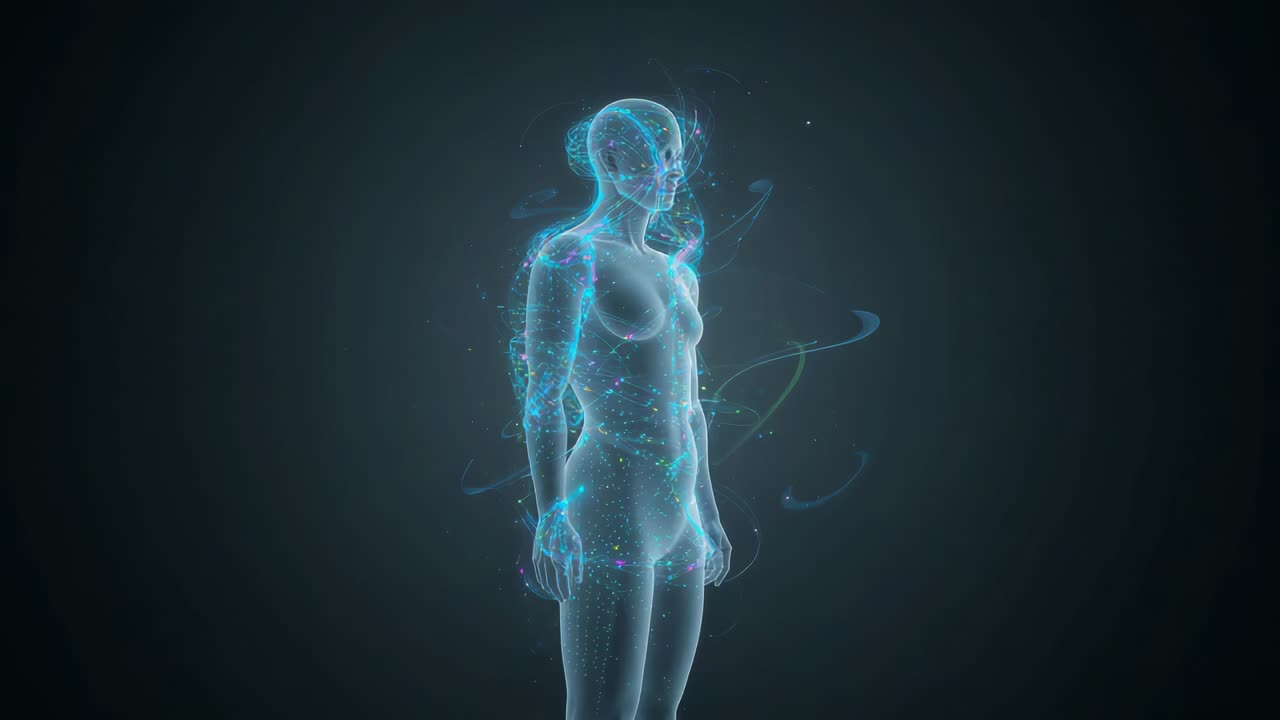 Roterende cyaan holografische vrouwenfiguur in donkere leegte, aura wordt sterker en onthult anatomie
