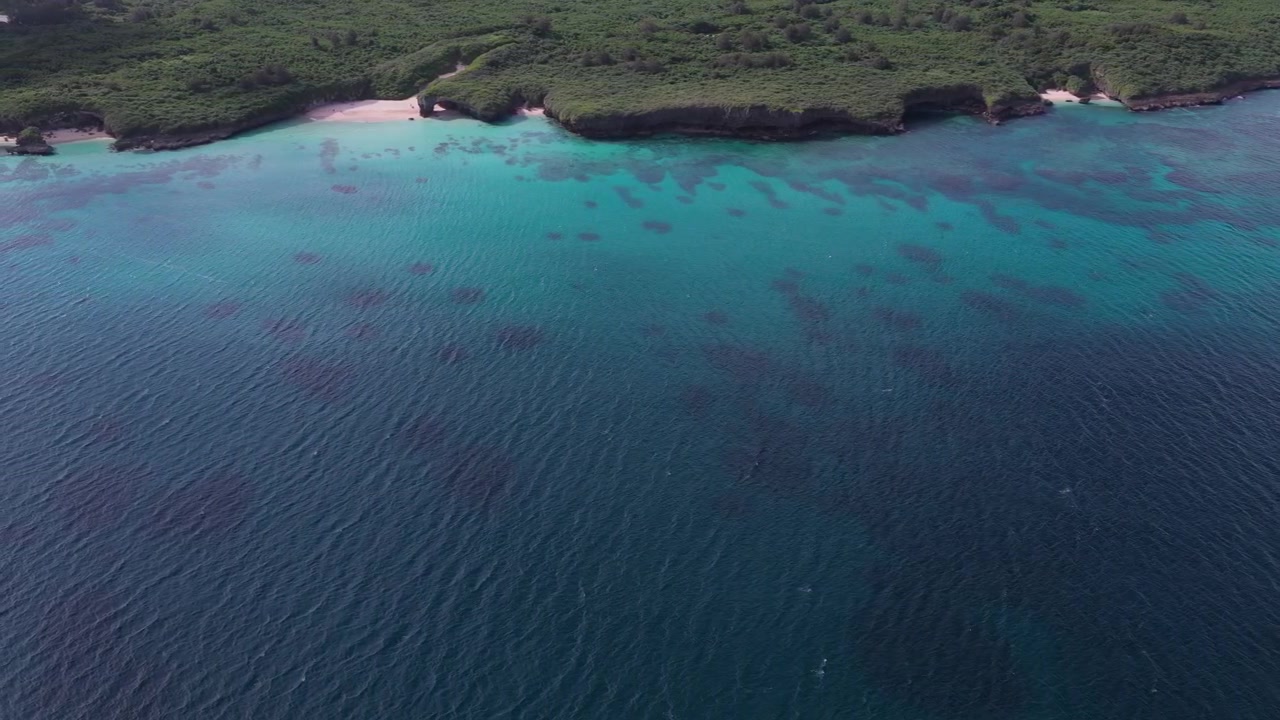Inquadratura orizzontale con carrellata a sinistra da un'angolazione obliqua elevata sopra acque costiere turchesi e la costa boscosa vicino alla spiaggia di Nikawatori