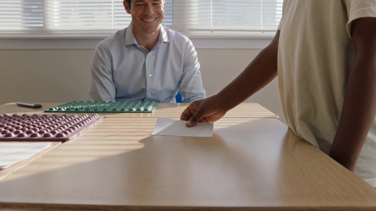 Entrando da destra, una persona posa un foglio sulla scrivania, consegnando un modulo a un impiegato sorridente con una camicia chiara.