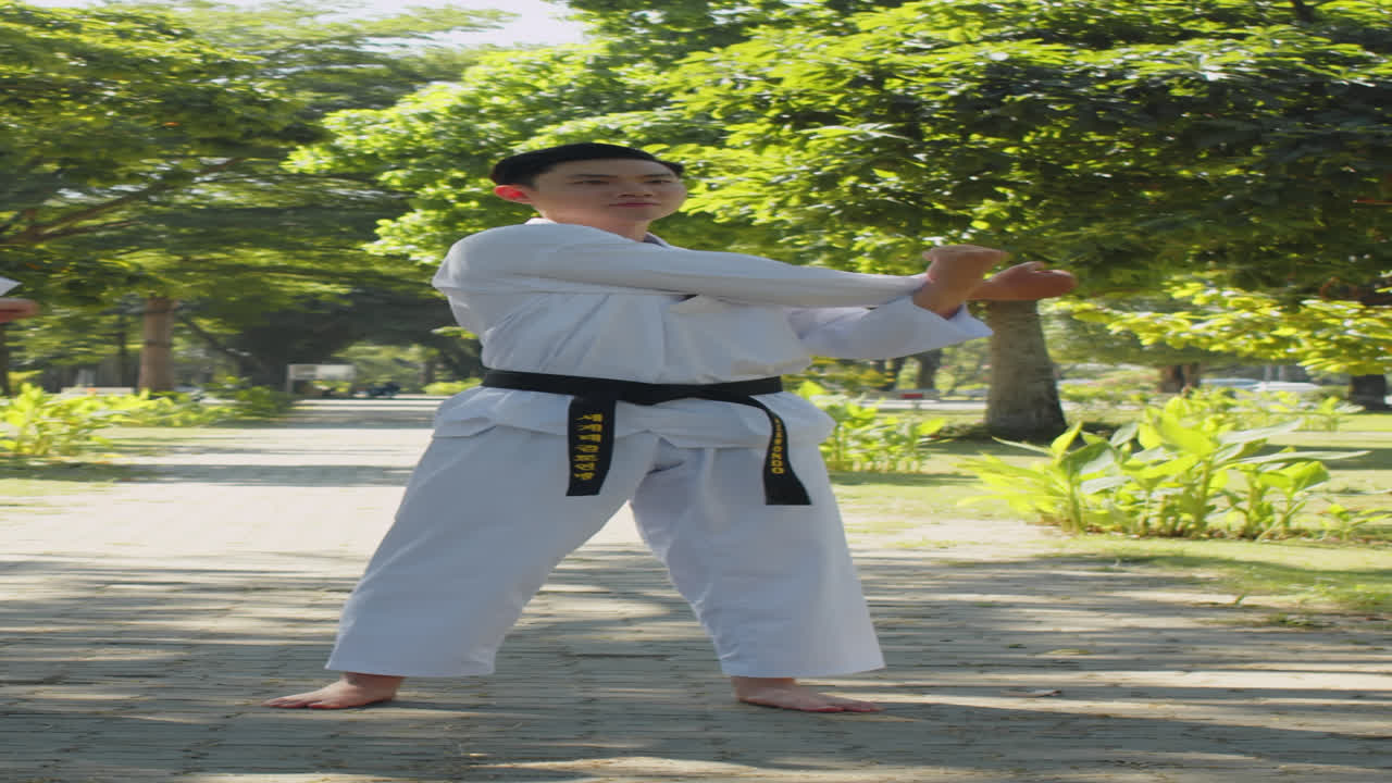 Taekwondo Practitioner Warming up in City Park