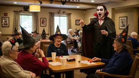 a fun halloween gathering: seniors enjoying bingo with a costumed host in a cheerful community setting filled with spooky decorations and laughter